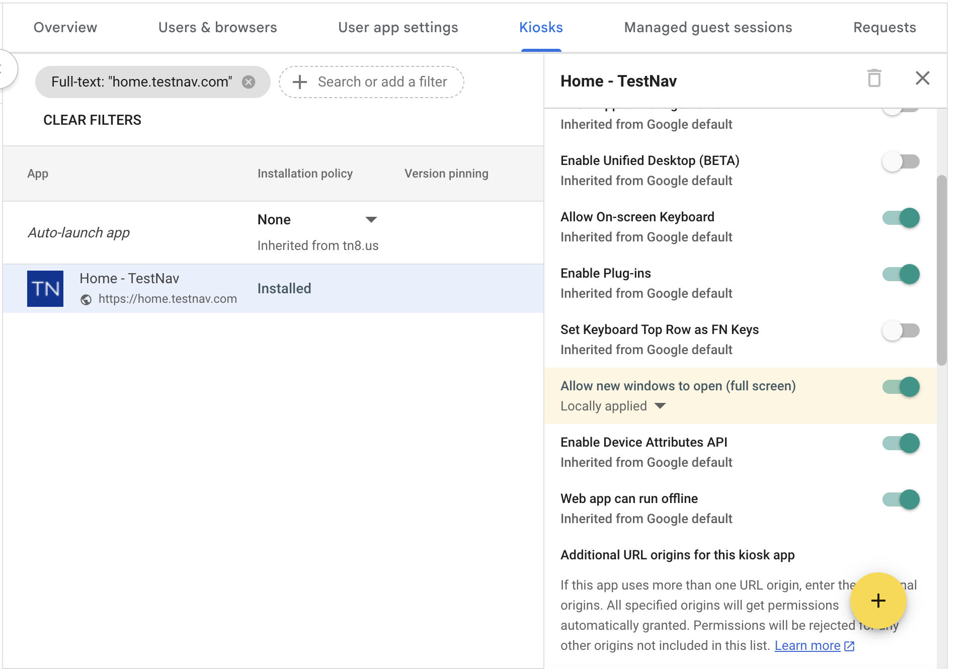 Options panel on kiosks tab