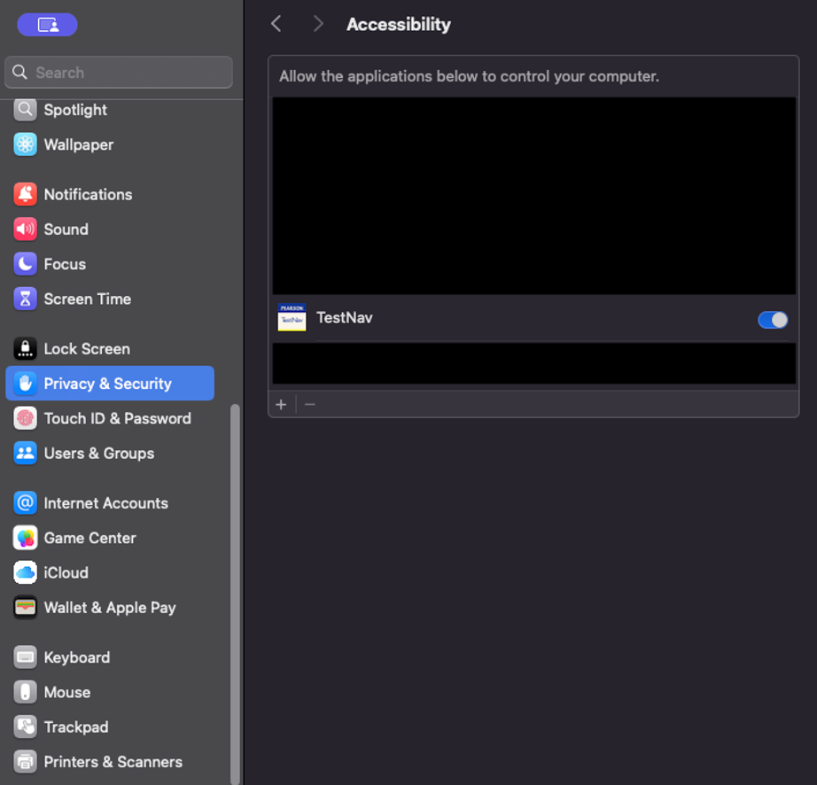 Privacy & Security tab showing TestNav toggled to 