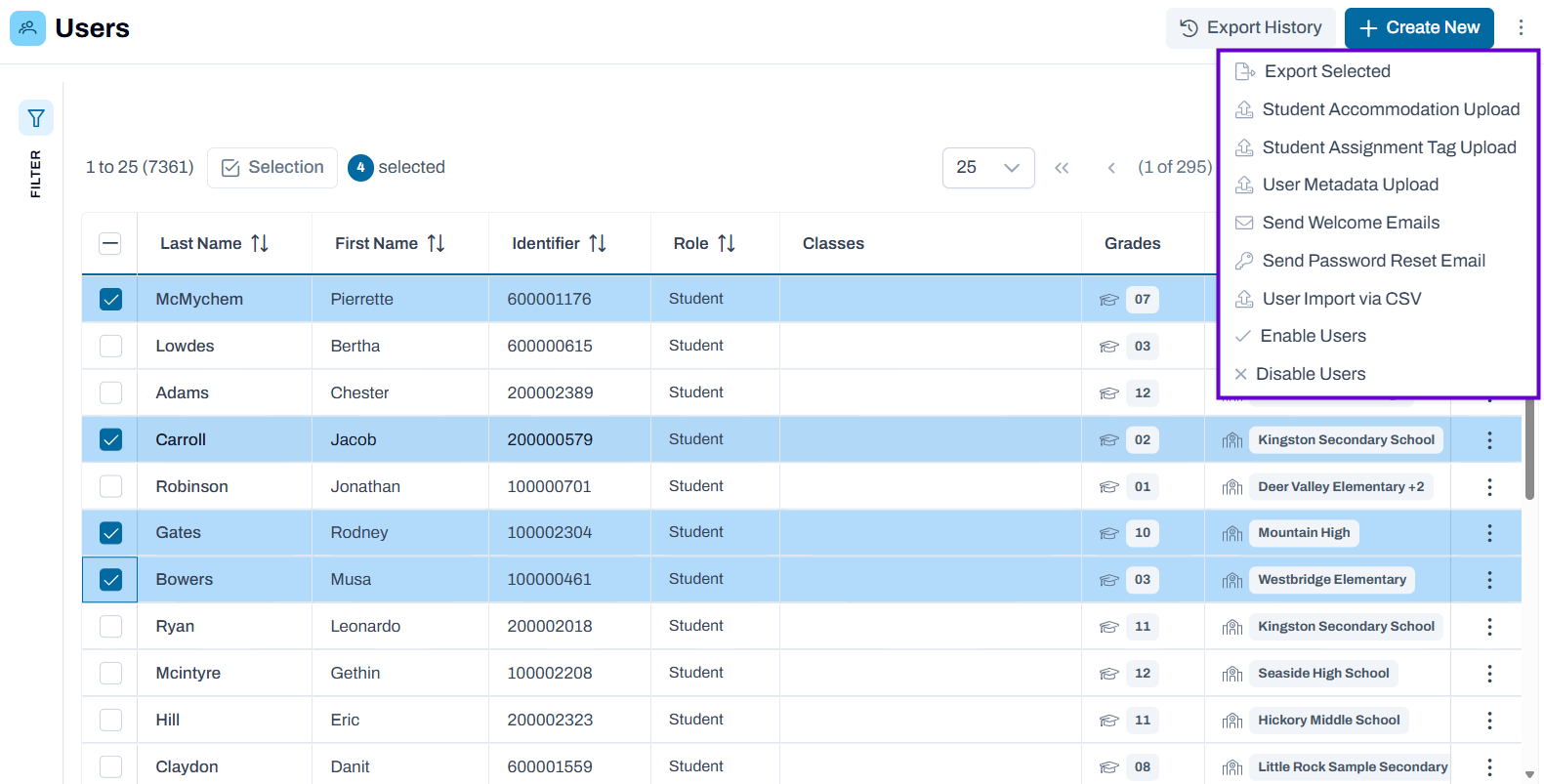 Sample User Search with Options for selected users. Sample User Search with Options for selected users.