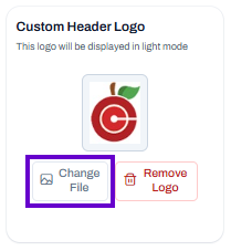 **Custom header logo section with uploaded logo and options to change or remove the logo.**