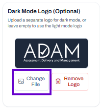 Dark mode logo section with uploaded logo and options to change or remove the logo.