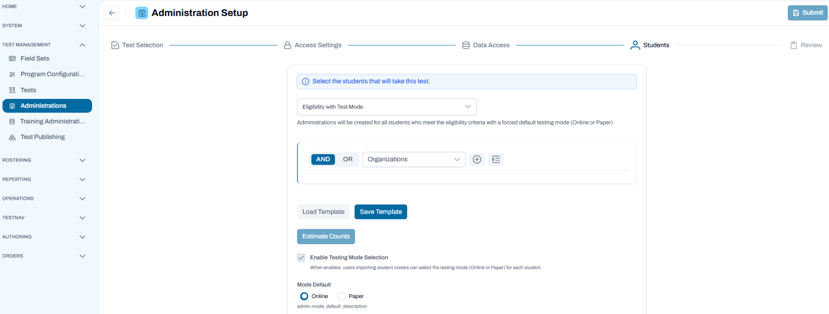 If 'Eligibility with Test Mode' is selected, the 'Mode Default' option will display. Sample Administration Setup page showing Eligibility with Test Mode configuration options.