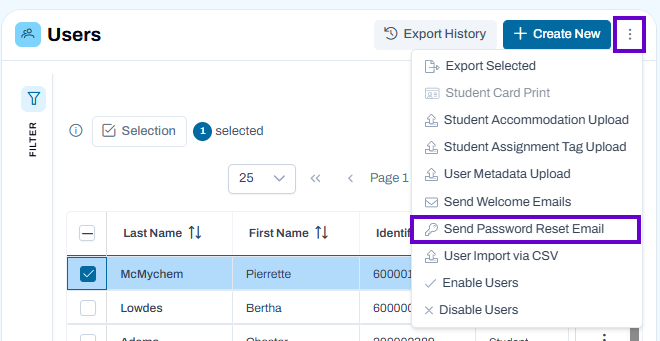 Users table with one row selected and ‘Create New’ menu open showing user management actions.