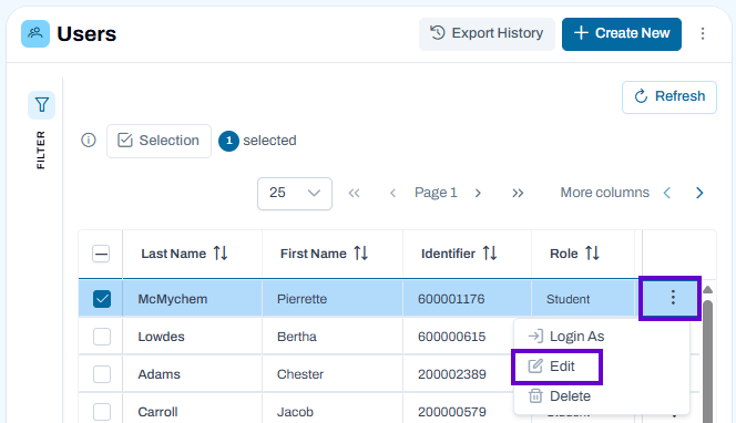 Users table with one row selected and row actions menu open offering login, edit, and delete options.