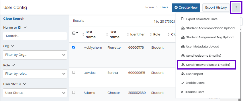 Users table with one row selected and ‘Create New’ menu open showing user management actions.