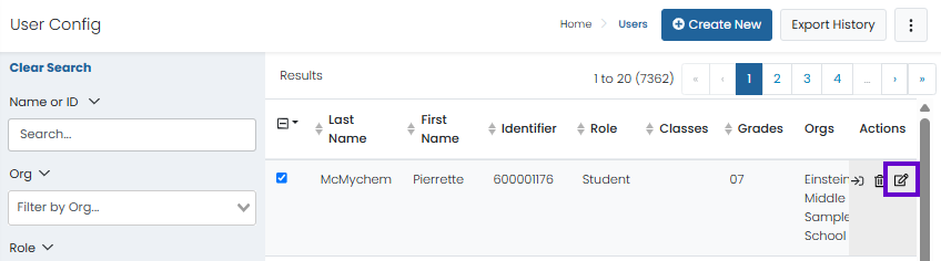 Edit user form showing user details, role, grade selected, organization, and enabled status with password change option.