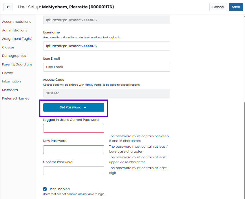 Edit user form showing user details, role, grade selected, organization, and enabled status with password change option.