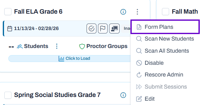 Form Plans option highlighted in action menu dropdown of administration card.