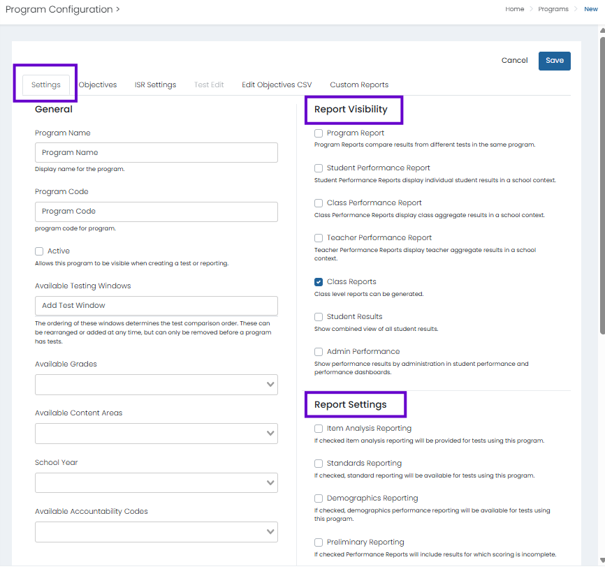 Program Configuration Reports tab with report types and settings checkboxes, some selected, allowing visibility and reporting options configuration.