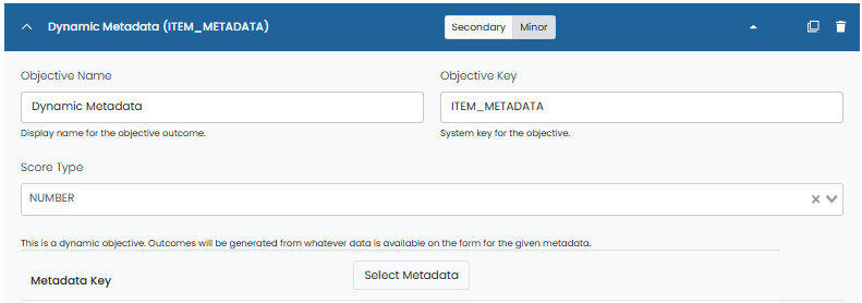Dynamic Metadata objective expanded with score type selected, metadata key unselected, and table ready for value mappings.