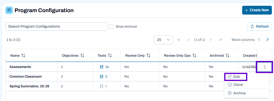 Program Configuration list with single program shown and row actions menu button available for editing.