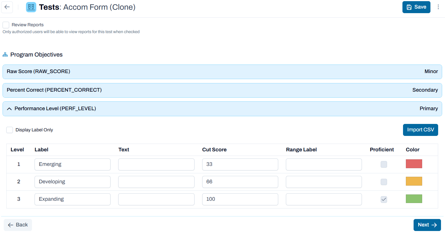 Program objectives and performance level options.