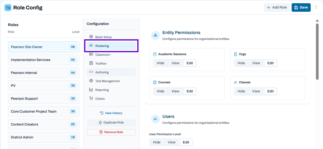 Role configuration page with selected role and rostering settings open to manage entity and user permissions.
