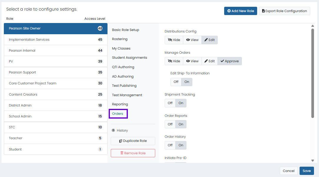 Role configuration page with Orders selected and order management permissions open to manage distributions, tracking, approvals, and reports.