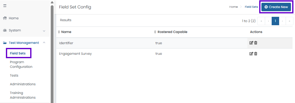Field Sets page listing fields with create new field set option available and existing items visible.