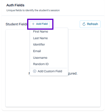 Auth fields section with add field menu open showing predefined and custom student field options.
