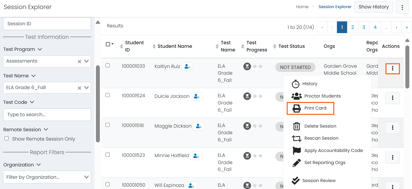 Session Explorer: Access Print Card for One Student