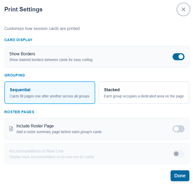 Additional print settings popup.