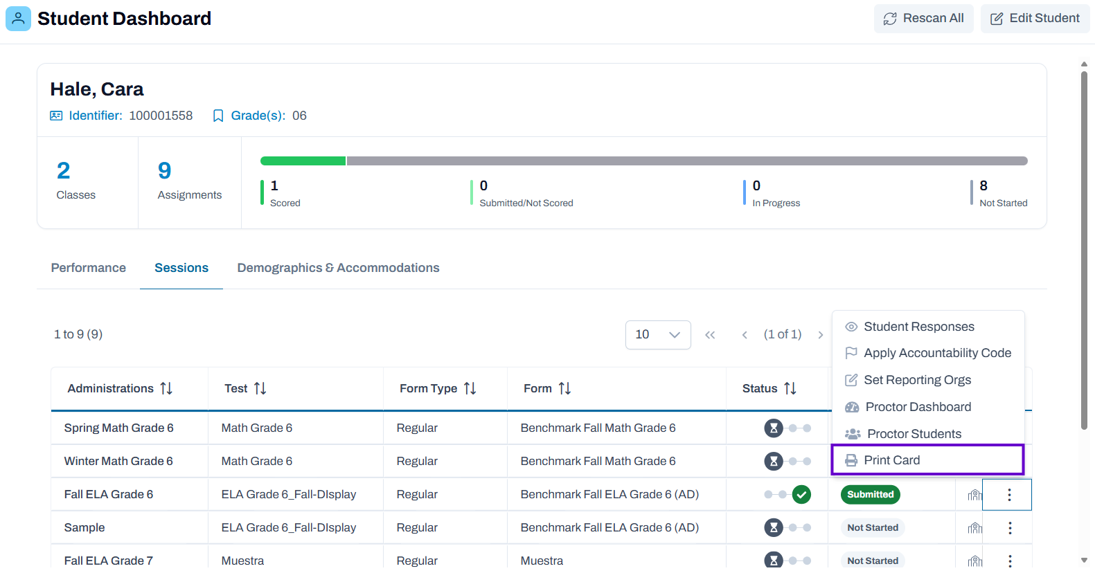 Student Dashboard: Access Print Card for one student. Student Dashboard showing print card option in actions menu dropdown.