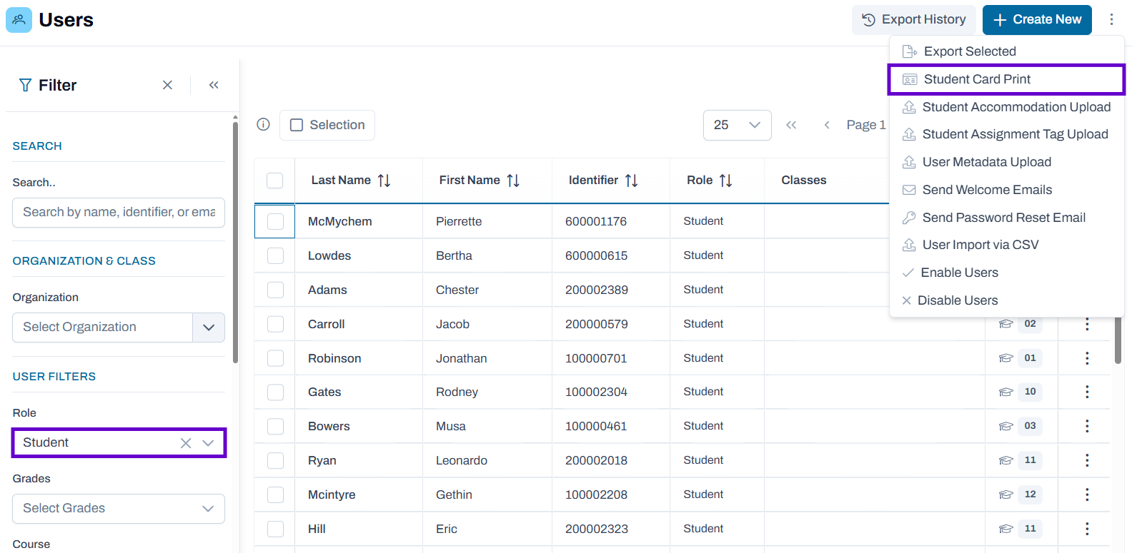 Sample Users screen, with the Role filter