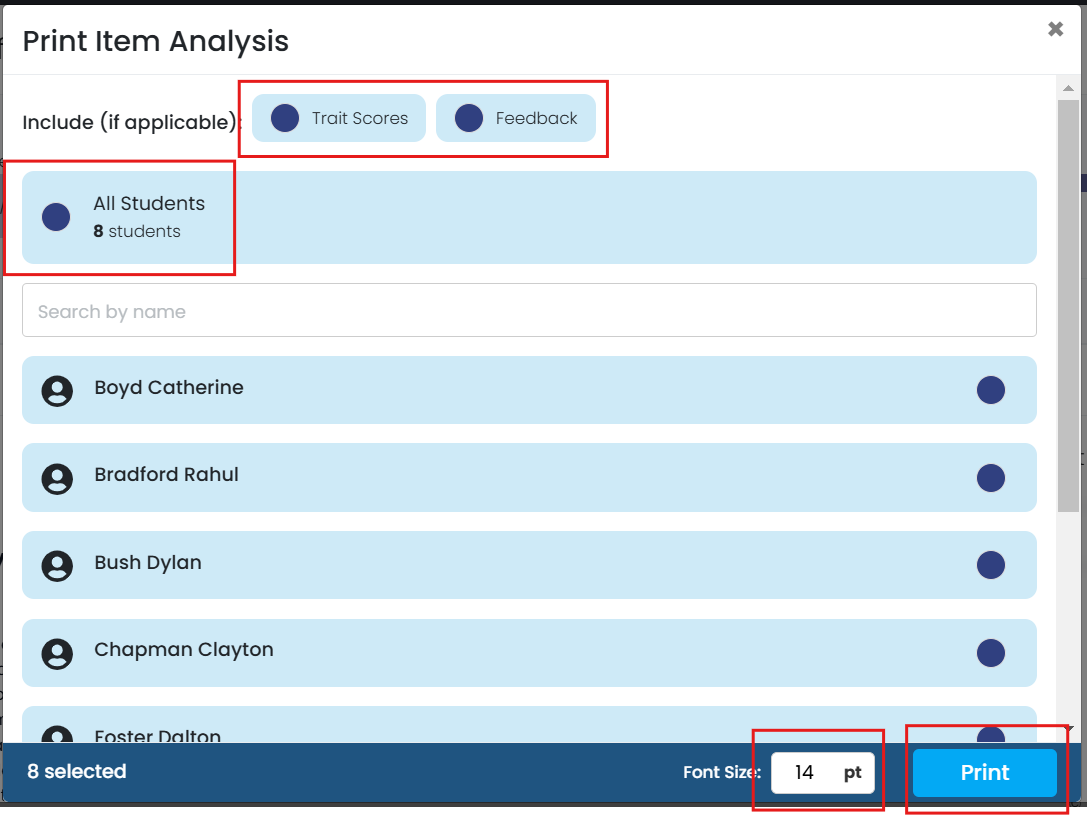 Print item analysis screen