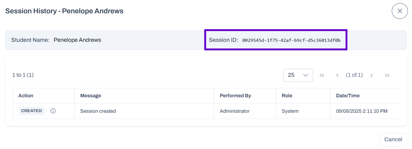 Session history popup with Session ID highlighted.