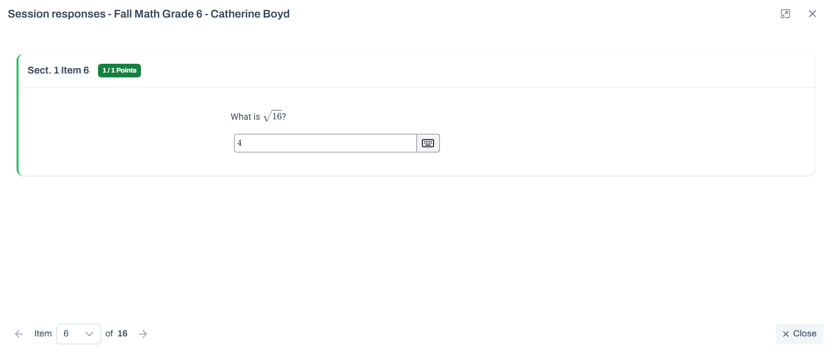 Student response popup showing a single item.