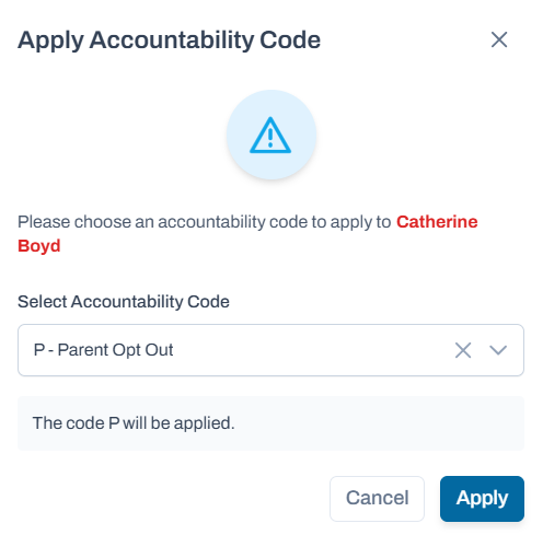 Apply accountability code popup.
