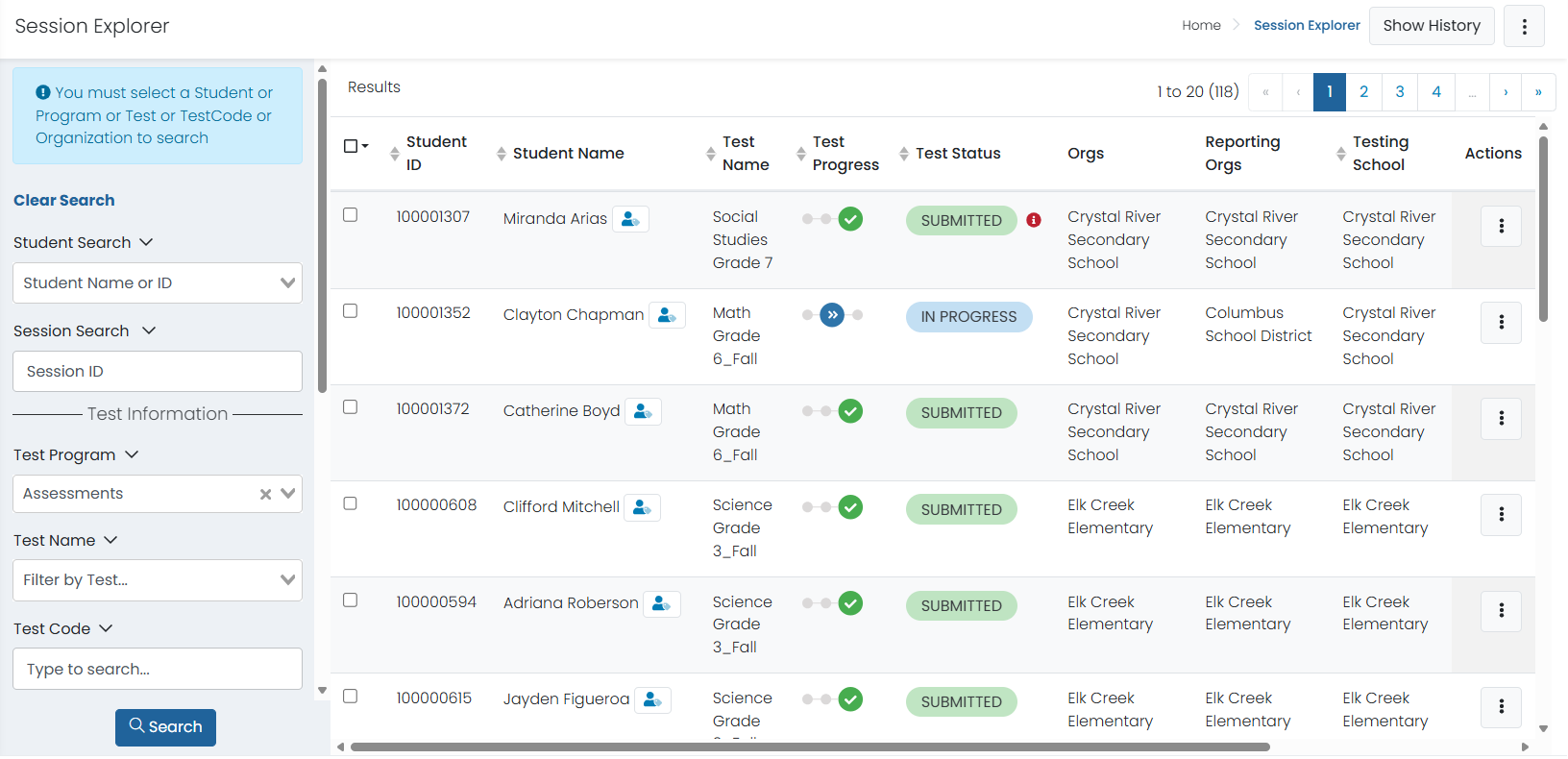 Sample Session Explorer page.