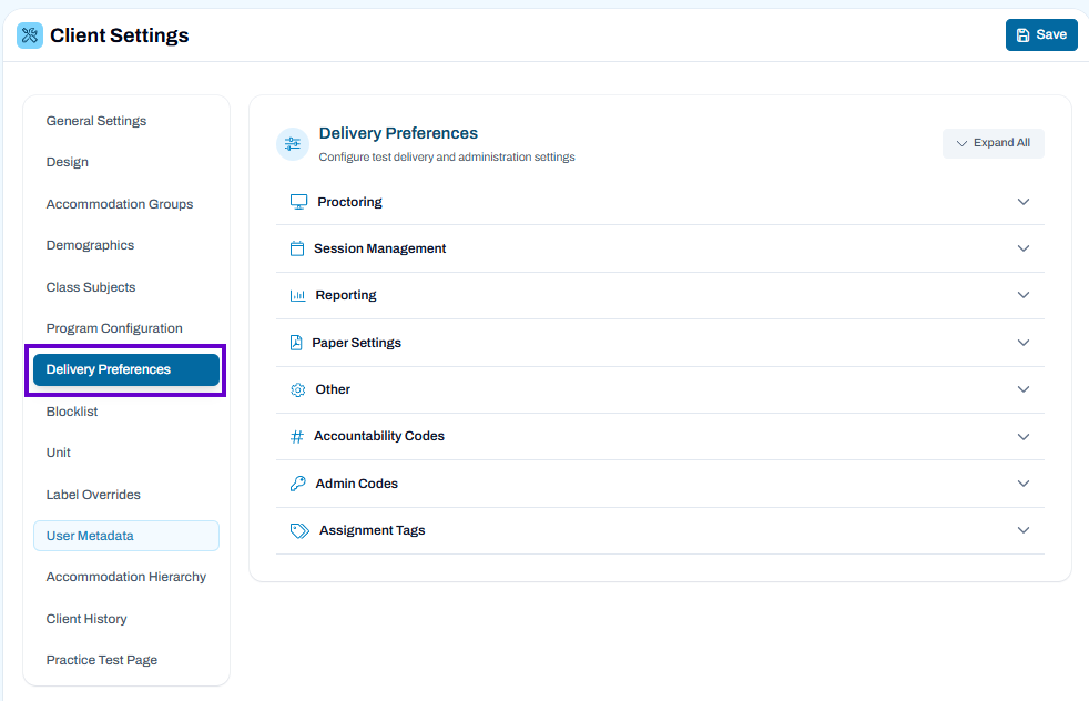 Delivery Preferences section selected; configure test administration settings, categories collapsed with Expand All option available.