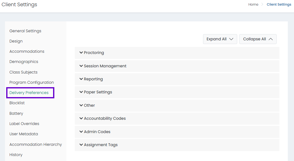 Delivery Preferences section selected; configure test administration settings, categories collapsed with Expand All option available.