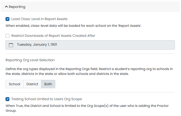 Reporting settings with all download and school-scope restrictions disabled; both school and district reporting levels selected.