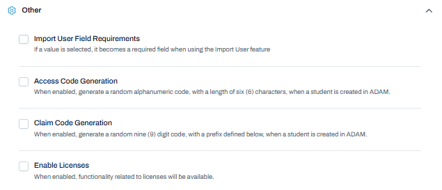 Other settings with user import requirements, access codes, claim codes, and licenses options all disabled.