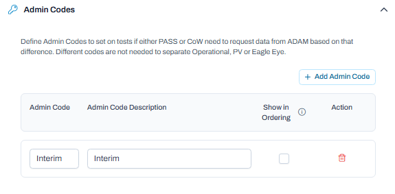 Admin Codes section showing one configured code, with options to add, edit, delete, or display in ordering.