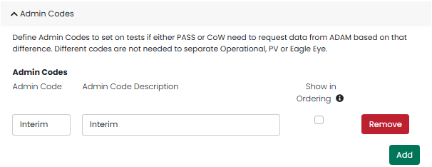 Admin Codes section showing one configured code, with options to add, edit, delete, or display in ordering.