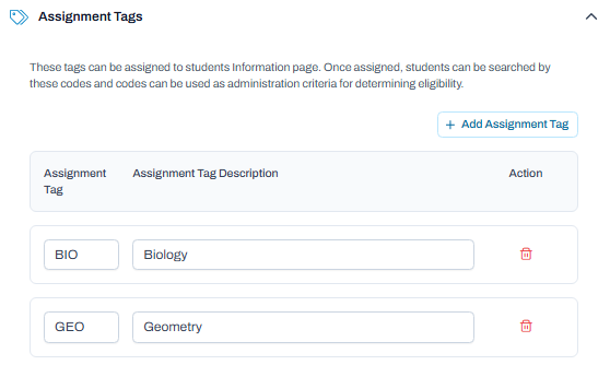 Assignment Tags section showing Biology and Geometry tags, with options to add, edit, or delete tags.