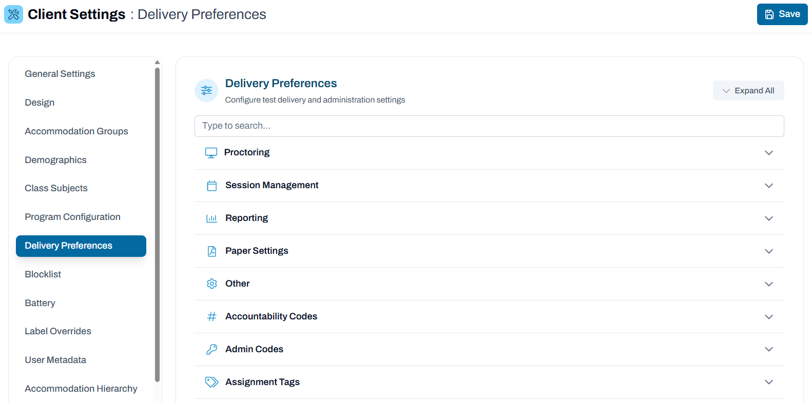 Delivery Preferences screen showing options as well as a search bar.