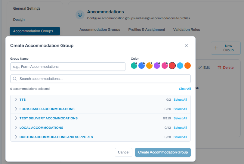 Create Accommodation Group dialog open; enter group name, select accommodations by category, choose color, and create group.