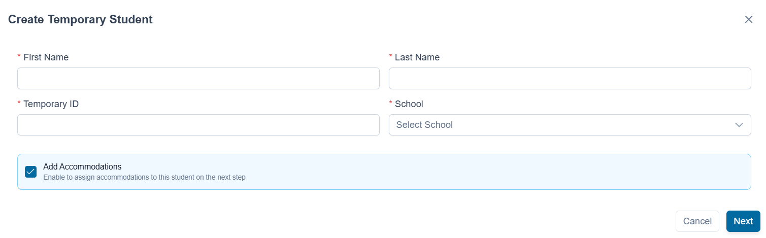 Create Temporary Student popup.
