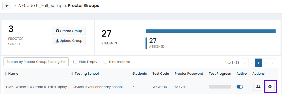 Proctor group actions menu open with Proctor option selected and Students option available.