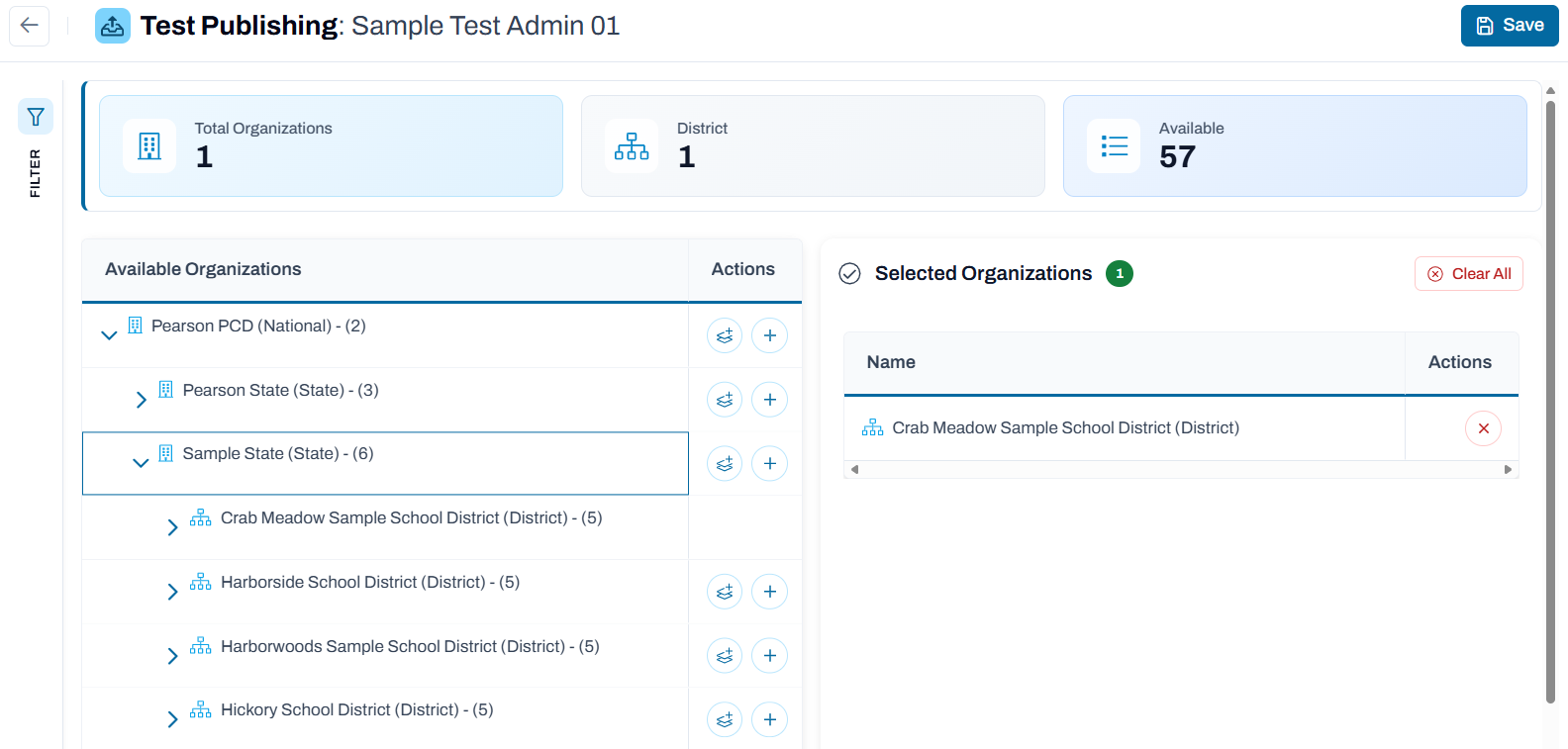 Test publishing screen showing only one district selected.