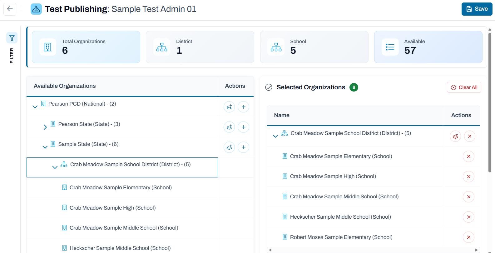 Test publishing screen showing child orgs selected.