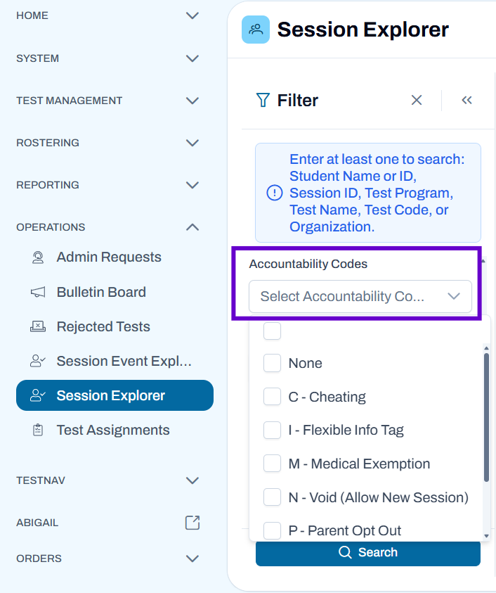 Session Explorer with accountability filters.