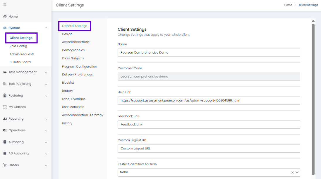 Client Settings page with General Settings selected, showing editable client info and secure testing options, and Save button available.