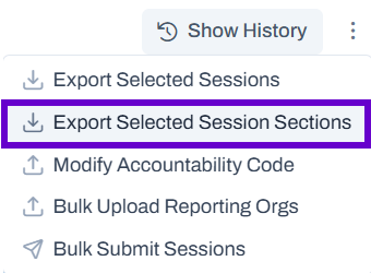 Export selected session sections option highlighted in actions dropdown menu.