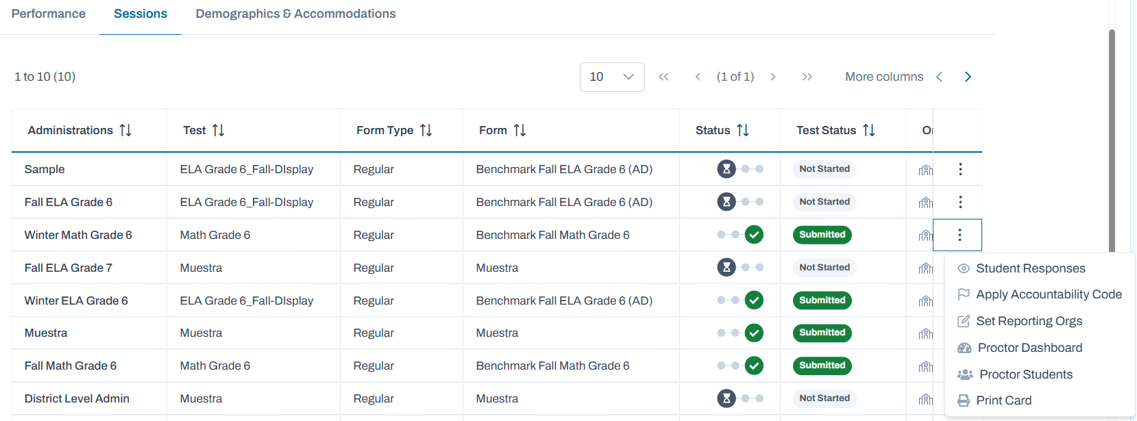 Sample Student Dashboard Sessions View