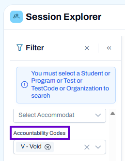 Session Explorer filter panel with Accountability Code “V - Void” selected and additional search filters available.