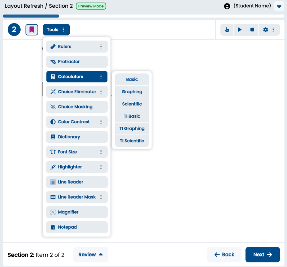 Student test screen tools menu