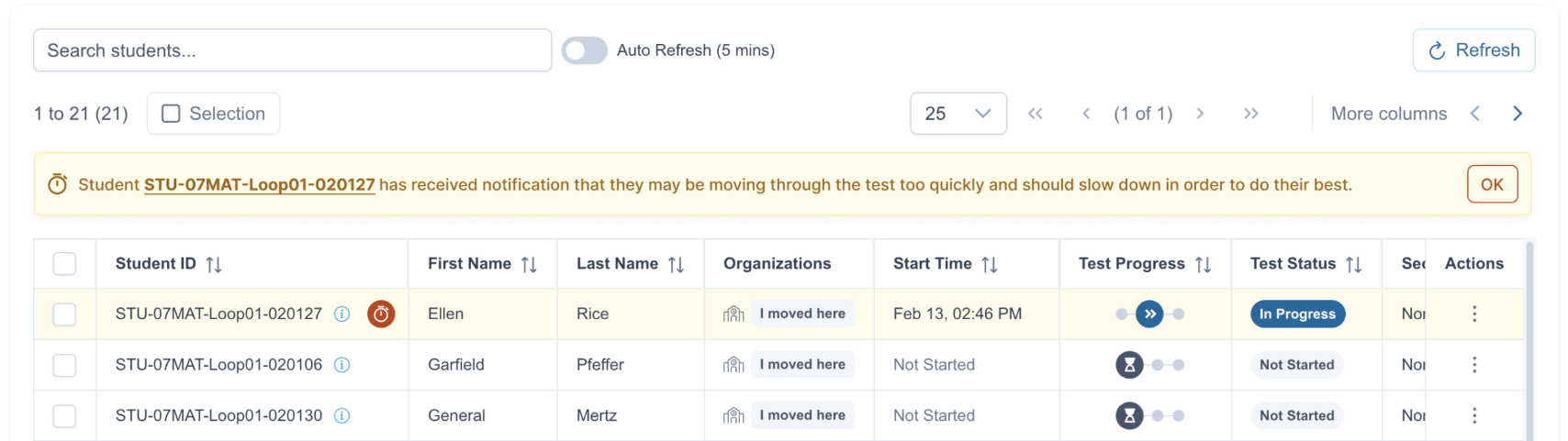 Sample speeding alert shown on proctor dashboard, saying that the student has received notification that they are moving through the test too quickly.
