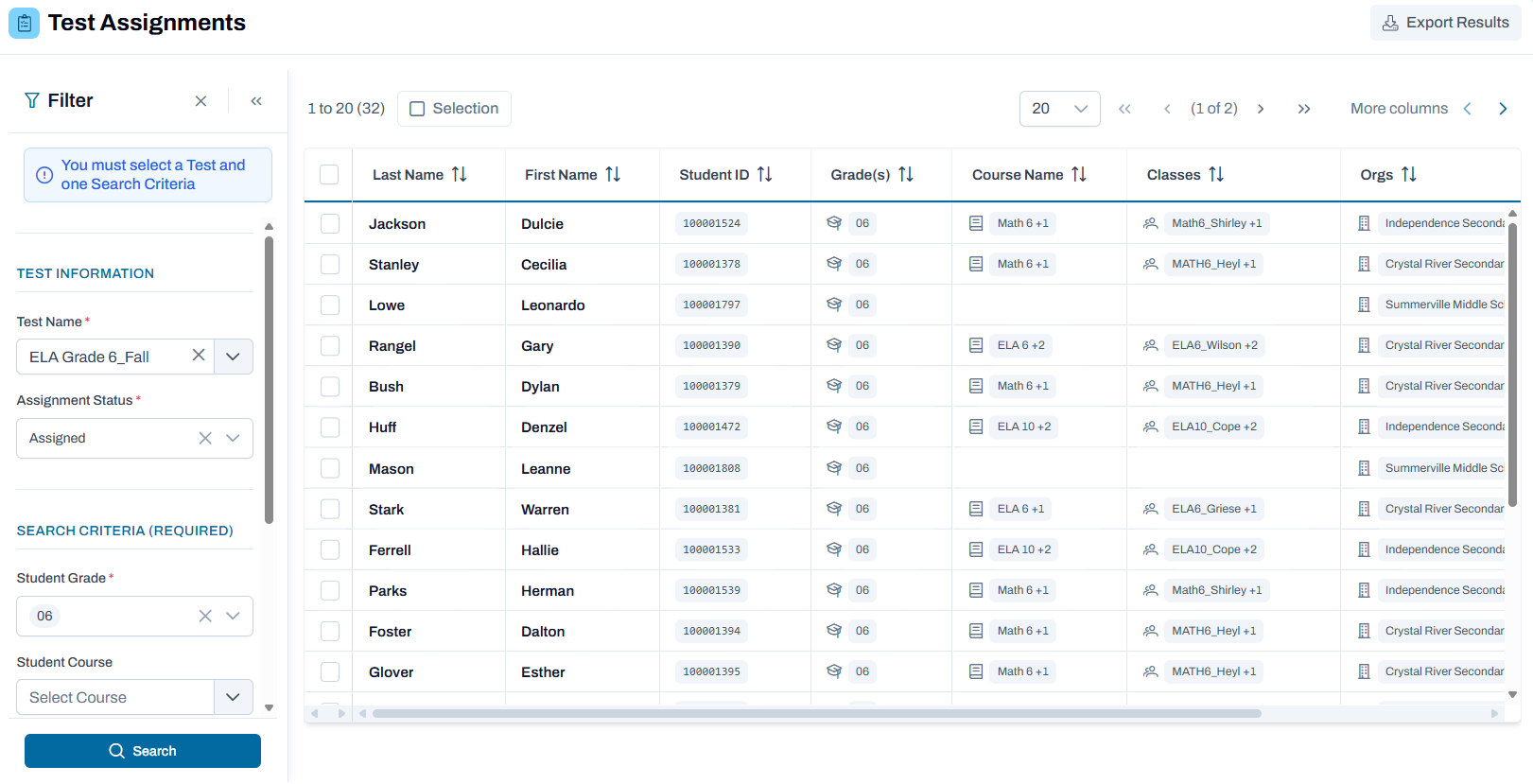 Sample Test Assignment search filters and sample result.